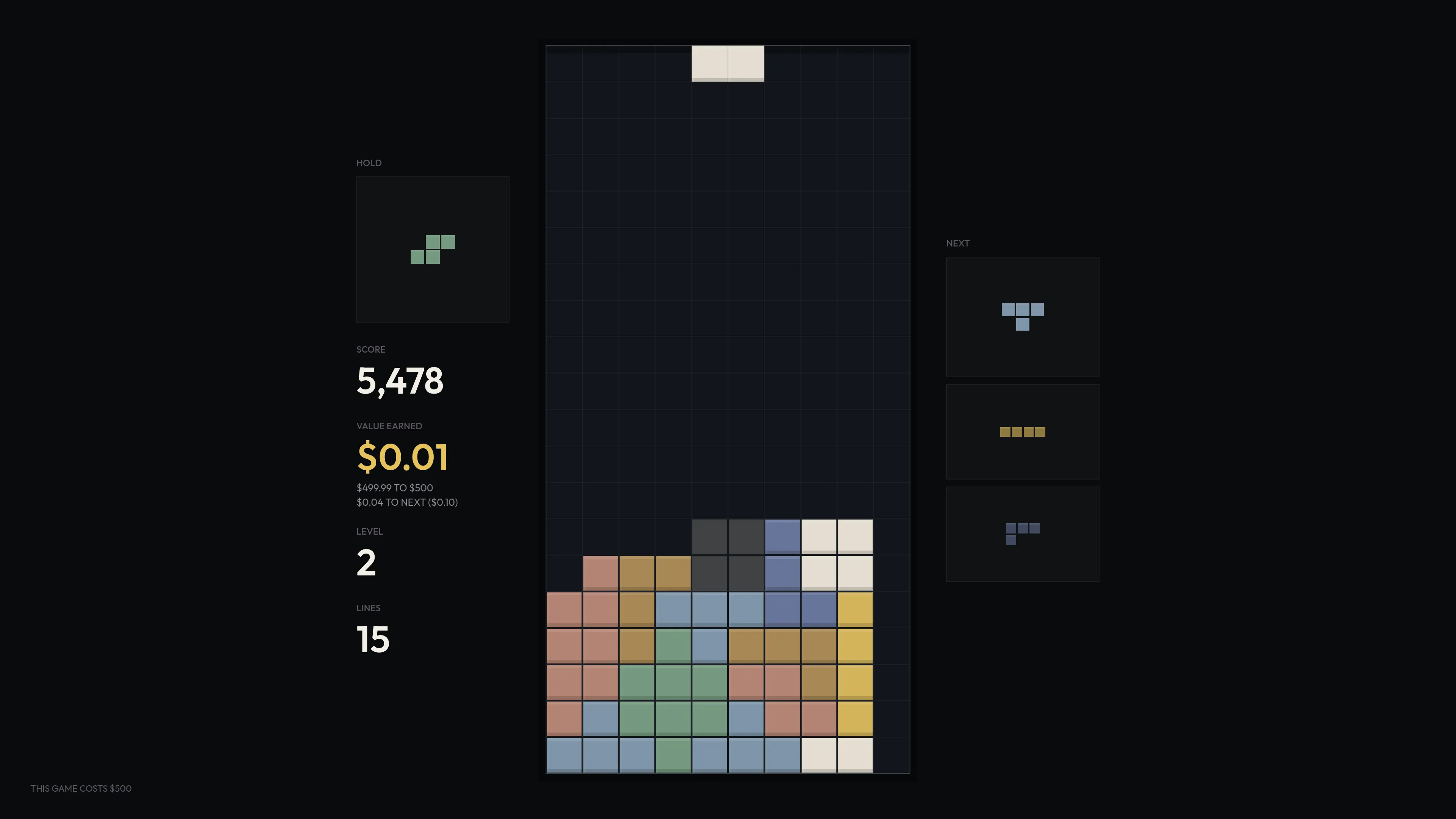 Real gameplay at level 2: a low stack, VALUE at $0.01, with the hold slot and three-piece next queue visible.