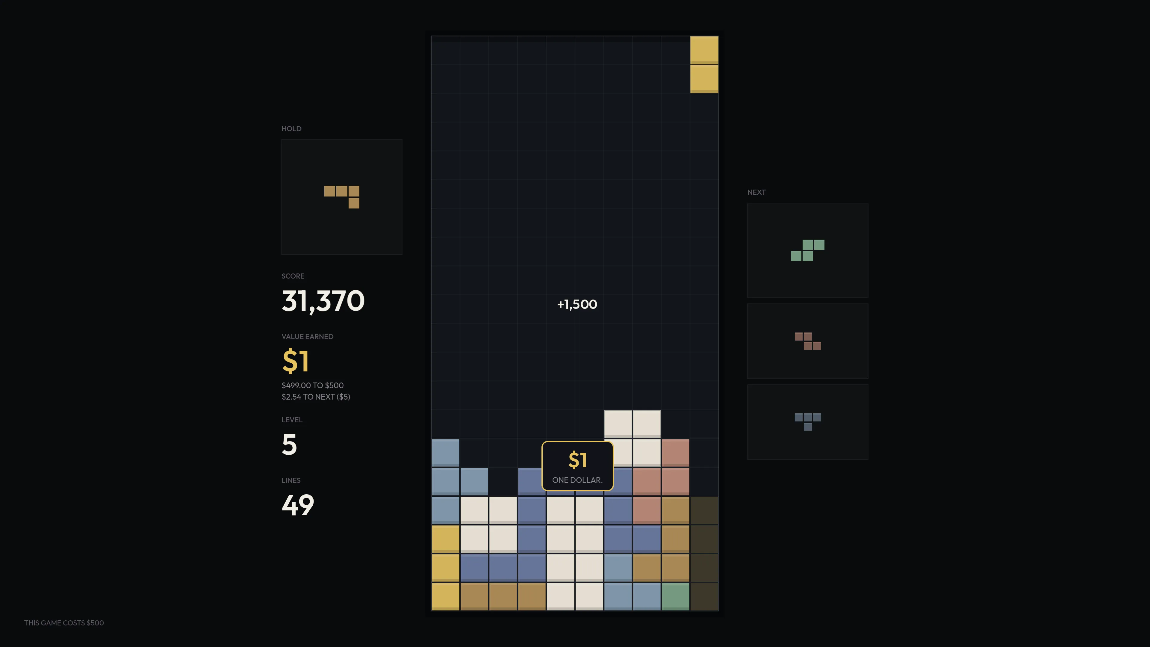 Real gameplay at level 5: a piece stored in the hold slot and the $1 milestone badge on the board.