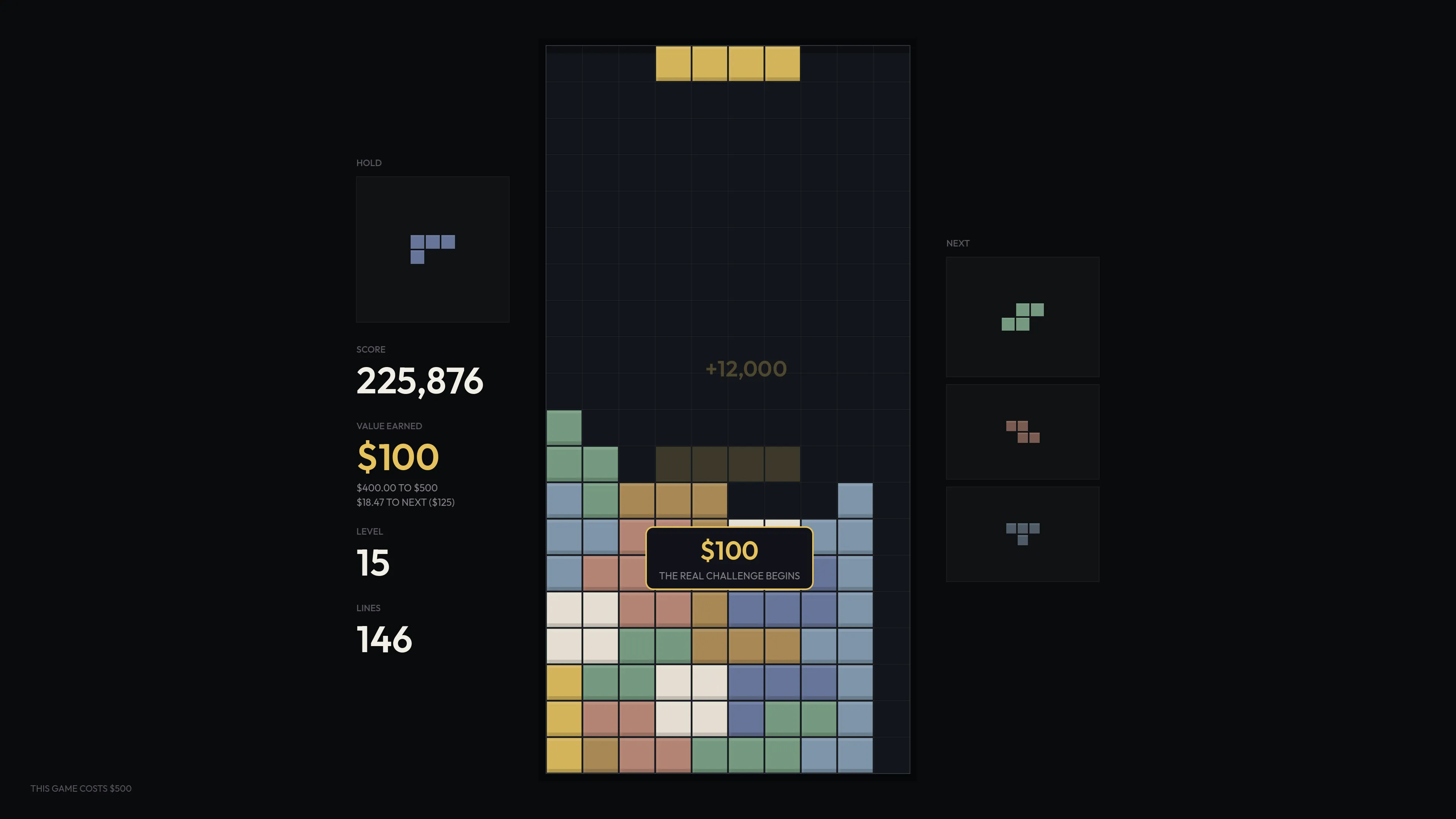 Level 15: score 225,876 and VALUE $100, with the $100 milestone badge on the board.