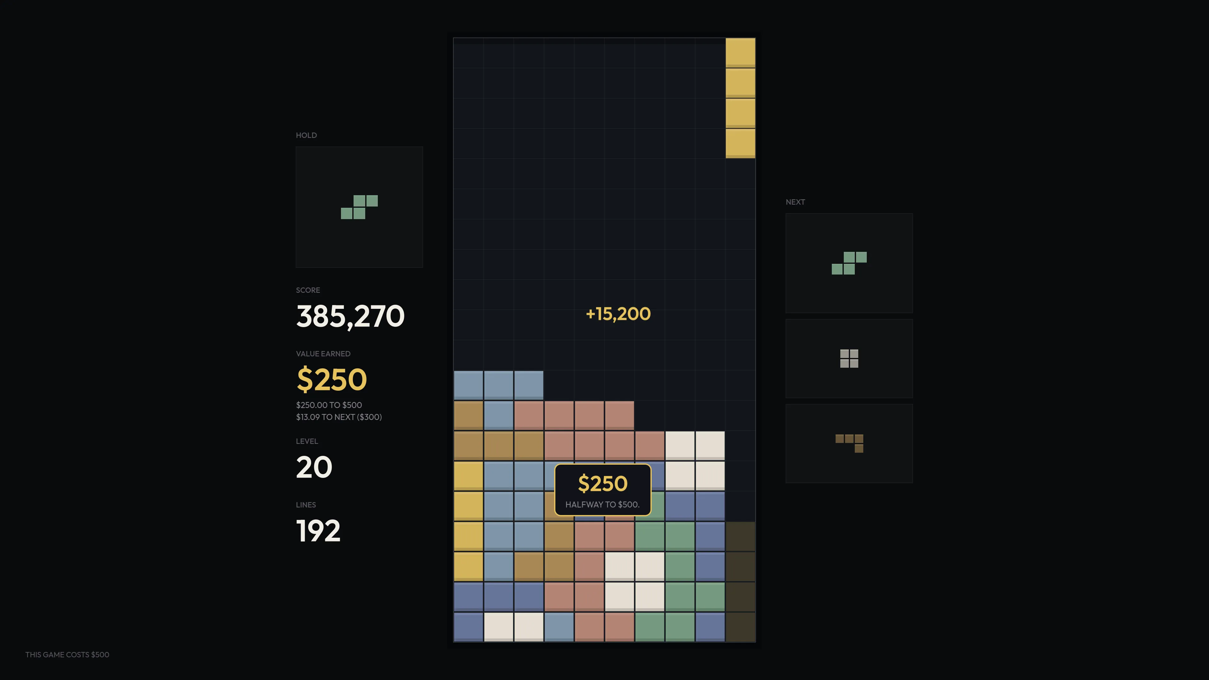 Level 20: score 385,270 and VALUE $250, with the $250 milestone badge on the board.